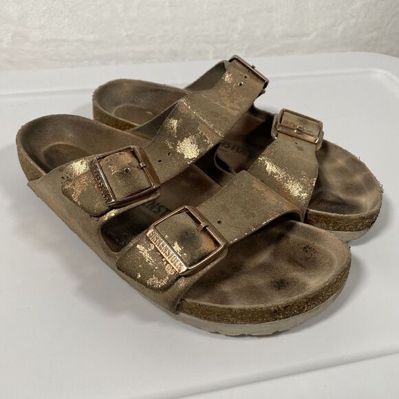 Birkenstock Arizona Suede Leather Sandals in Vintage Metallic Rose Copper Sz 38N - Picture 1 of 12
